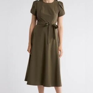 Calvin Klein Olive Green Midi Dress with Belted Waist – Size 10